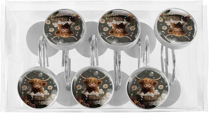 Rural Bathing Highland Cow Shower Curtain Hooks 12Pcs, Decorative Rust Resistant Shower Rings for Shower Curtain Rods, Stainless Steel Round Curtain Hooks for Bathroom, Bedroom, Farmhouse - ModernBath