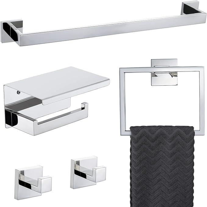 Bathroom Towel Bar Set Toilet Paper Holder with Shelf, Polished Chrome Bathroom Accessories Set, 23.6 Inch Towel Bar Towel Ring Towel Hook 5-Piece Bathroom Hardware Set - ModernBath