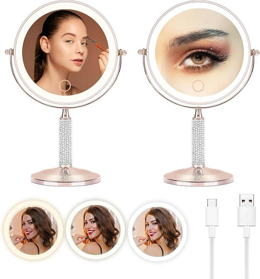 Senshuerjie 7" Rose Gold Glitter Diamond Rhinestone Makeup Mirror,360°Rotate Round Tabletop Vanity Mirror Double Sided 1X/10X HD Undistorted Magnifying Mirror,Portable Vanity Women Gift (Rose Gold) - ModernBath