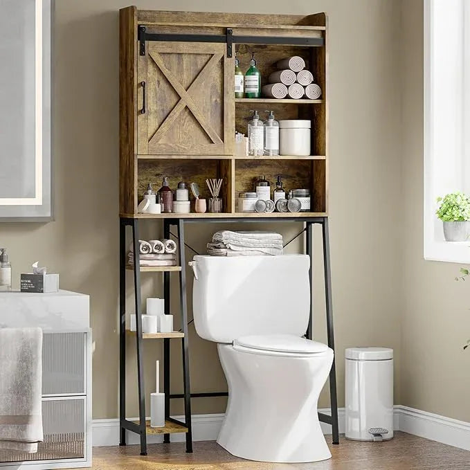 Farmhouse Storage Cabinet Over Toilet with Sliding Door & Toilet Paper Holder Stand, Space-Saving Bathroom Rack - ModernBath