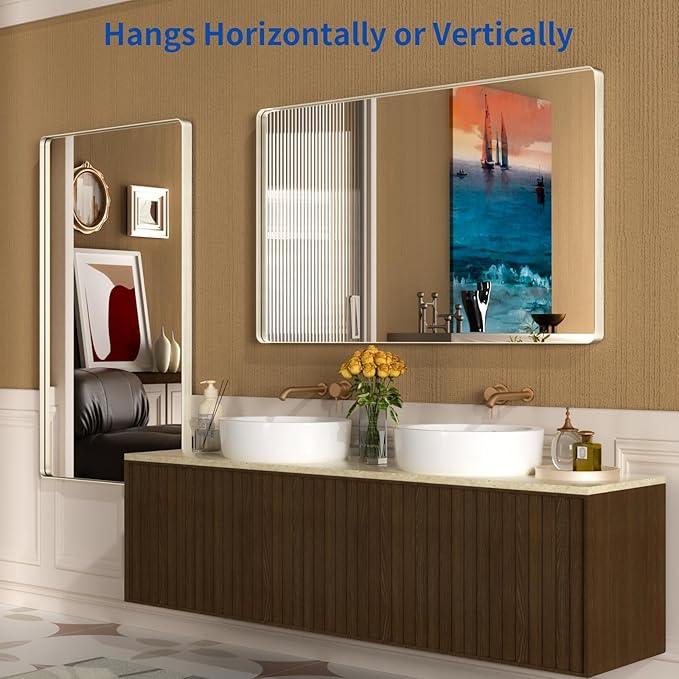 WEER 60X36 Inch Brushed Nickel Bathroom Mirror, Brushed Silver Metal Frame Mirror, Rounded Rectangle Silver Bathroom Vanity Mirror, Tempered Glass, Anti-Rust, Hangs Horizontally or Vertically - ModernBath