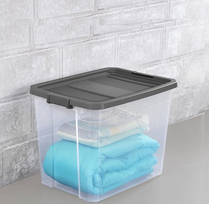108-Quart Clear Plastic Stackable Storage Tote with Latching Lid, Textured Grip, Flat Grey Lid,Heavy Duty Stackable Storage Bins, – Closet, Bathroom, Office Organizer - ModernBath