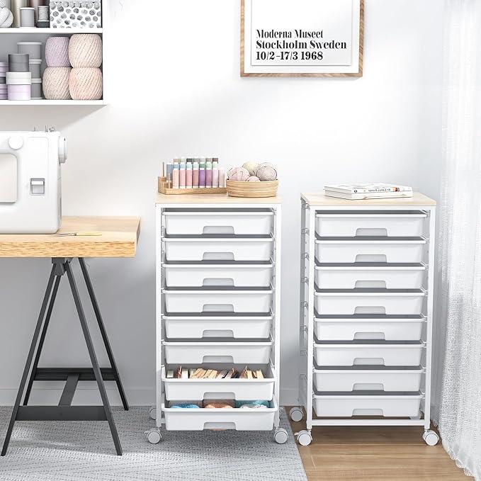 Rolling Storage Cart with Drawers,Utility Cart With 8 Drawers and Wooden Tabletop,Rolling Drawer Cart,Storage Drawer Cart for Living Room,Classroom,Bedroom,Bathroom,Dorm,Office,White - ModernBath