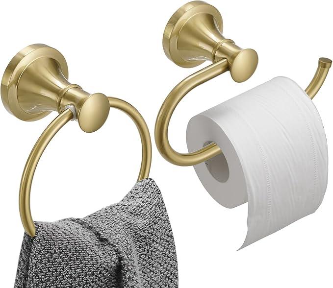 Hoimpro Brushed Gold 2-Piece Bathroom Bath Set, Wall Mounted Bathroom Hardware Fixture (Towel Ring Holder, Toilet Paper Towel Holder), Bathroom Accessories, Stainless Steel and Zinc Alloy - ModernBath