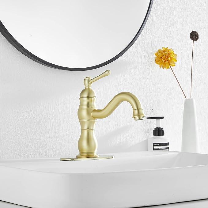 Bathroom Faucet Brushed Gold GGStudy 360° Swivel Bathroom Vanity Faucet Single Handle One Hole Bathroom Sink Faucet Basin Matching Pop Up Drain with Overflow - ModernBath