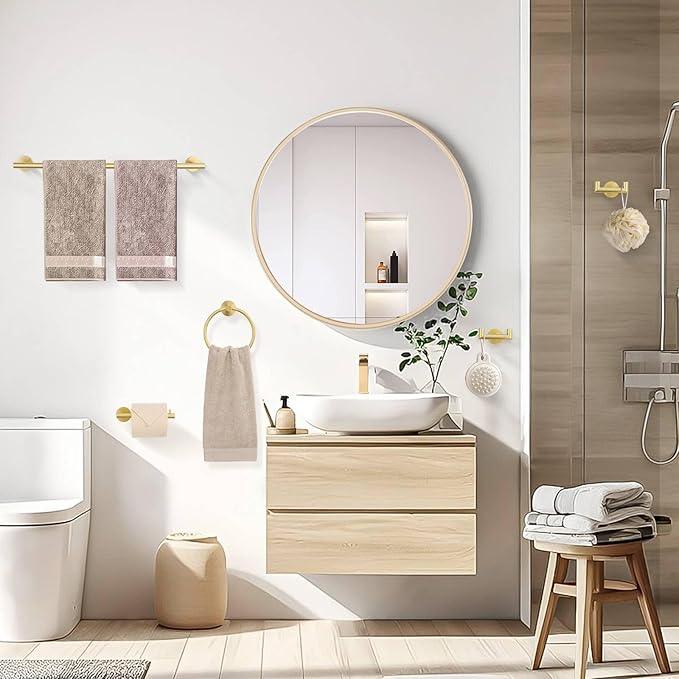 TNOMS 5-Piece Towel Bar Set Brushed Gold Bathroom Hardware Accessories Set Include 23.6in Towel Bar Toilet Paper Holder Towel Ring Upgraded Towel Hooks Towel Holder Set Stainless Steel Wall Mounted - ModernBath