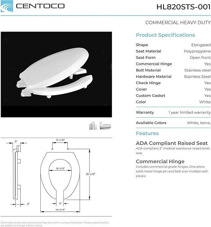 Centoco 2 inch Raised Toilet Seat for Seniors, Elongated, Open Front with Cover, Plastic, Made in the USA, HL820STS-001, White - ModernBath