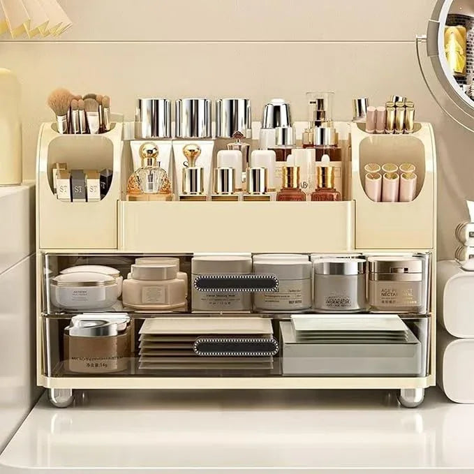 Makeup Organizer with Drawers for Vanity,Bathroom Countertop Organizer with Brushes Holder,Skincare Storage Organizer,Perfect Cosmetic Display Case for Skincare,Lipstick and Beauty Essential (Cream) - ModernBath