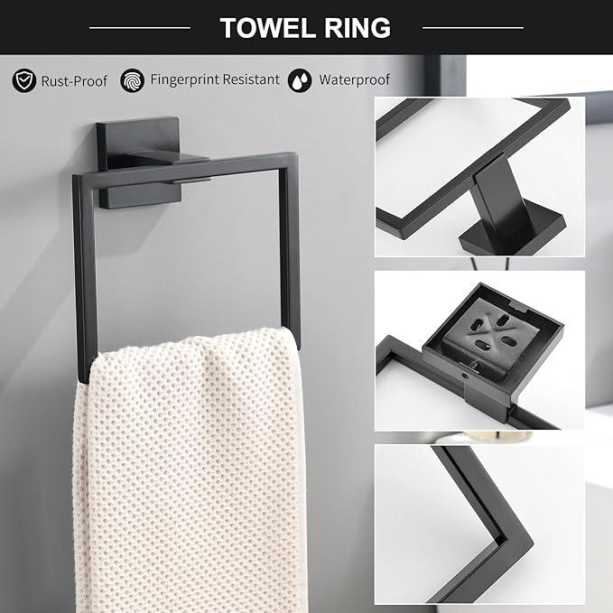 TQKAG 6-Piece Bathroom Towel Bar Sets Matte Black 23.6 inch Towel Bar Stainless Steel Towel Ring Coat Hook and Toilet Paper Holder Bathroom Hardware Set Wall Mounted Bathroom Accessories Kit - ModernBath