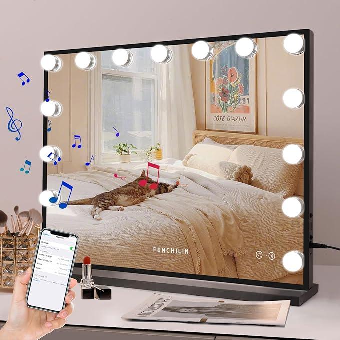 FENCHILIN Hollywood Vanity Mirror with Lights and Bluetooth Speaker Makeup with 15 Dimmable Lighted LED Bulbs Tabletop or Wall-Mounted for Dressing Room Bedroom - ModernBath