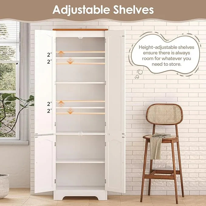 72.2'' Pantry - 4 Door Kitchen Cabinet with Adjustable Shelves, Freestanding Cupboard, Tall Storage Cabinets for Dining Room, Living Room, Laundry, Bathroom, Entryway, White - ModernBath