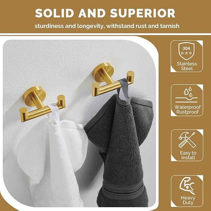 Angle Simple Towel Double Hook Brassy Gold 2 PCS, SUS304 Stainless Steel Bathroom Hand Towel Holder, Double Robe Hook, Wall Mount - ModernBath