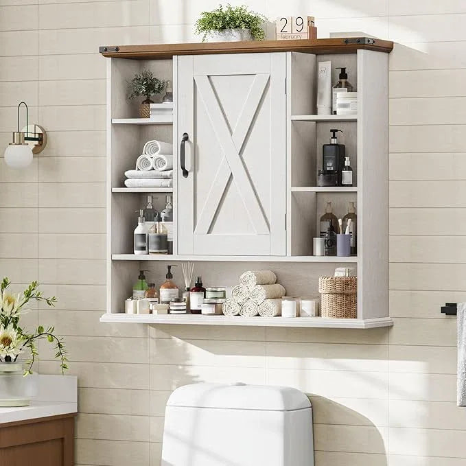 Bathroom Wall Cabinet, Farmhouse Medicine Cabinet with Adjustable Shelves and Barn Doors, Large Wall Mounted Over the Toilet Storage Cabinet for Bathroom, Laundry Room, Kitchen, Rustic White and Brown - ModernBath