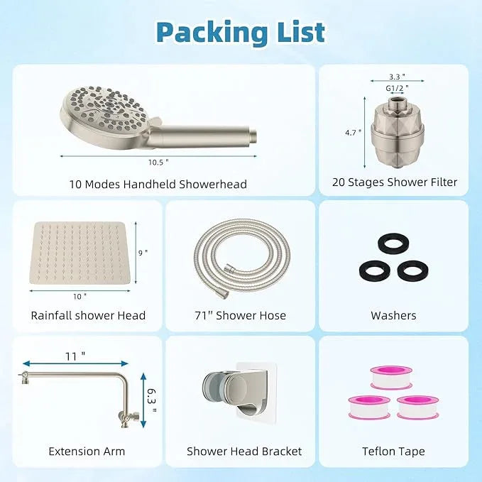 Filtered Shower Head, 10" High Pressure 10-Spray Handheld/Rainfall Shower Head Combo with 20 Stage Shower Filter, 11" Shower Extension Arm, 71" Hose, Shower Head Holder, Brushed Nickel - ModernBath
