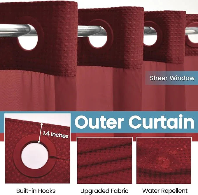 EUTXL Burgundy Long No Hook Shower Curtain with Snap in Liner,230GSM Waffle Weave Shower Curtains for Bathroom,71W x 86H - ModernBath