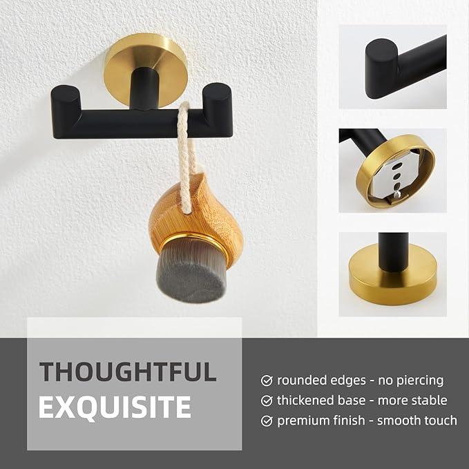 Angle Simple Double Towel Hook, Stainless Steel Hand Towel Holder for Bathroom, Coat Hook for Wall, Black and Gold - ModernBath