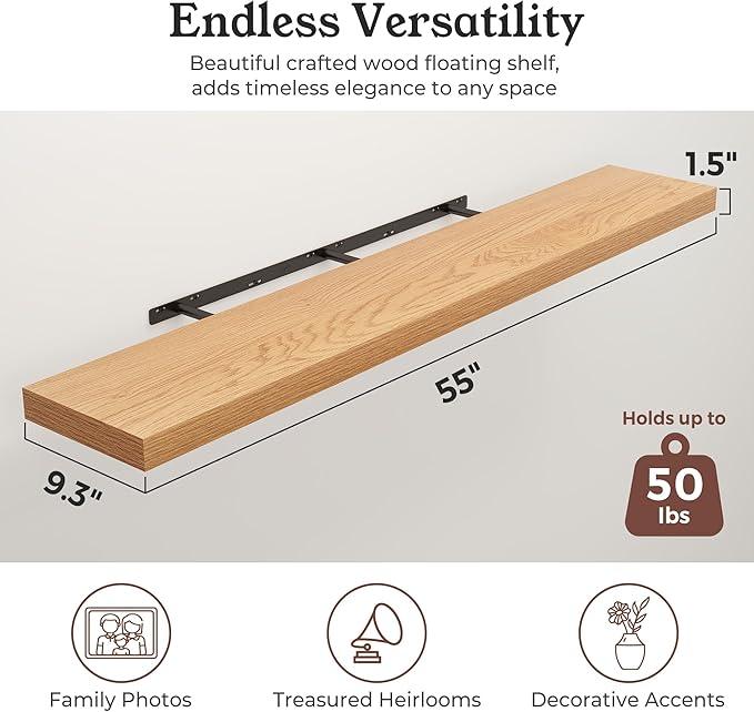 Floating Shelves for Wall, Wall Mounted Rustic Wood Shelves for Bathroom, Bedroom, Living Room, Kitchen, Hanging Shelf for Books/Storage/Room Decor (Oak, 55") - ModernBath