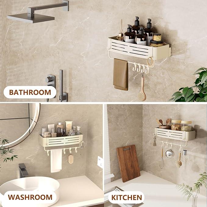 Onemake Aluminum Shower Caddy Suction Cup, No Drilling Bathroom Shower Shelf, Corner Shower Caddy with 6 Portable Hooks, Removable Bath Organizer with Towel Bar for Bathroom Storage(Cream White) - ModernBath