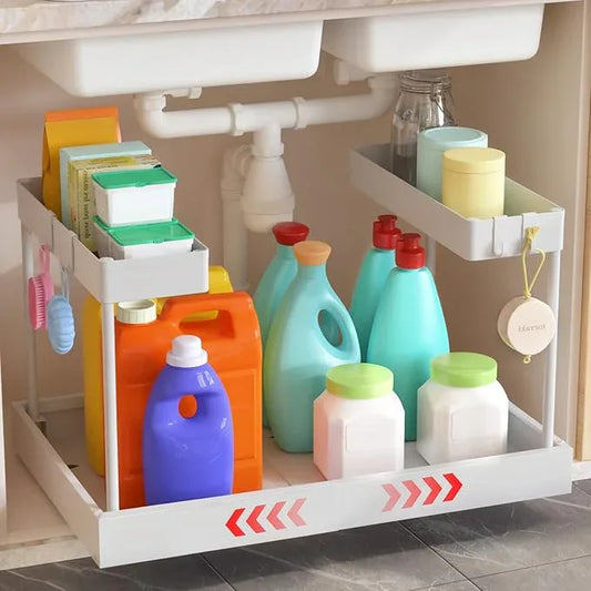 Expandable Under Sink Organizers and Storage,Width Adjustable (14.9-23.6IN),No Drill 2-Tier Pull Out Under Cabinet Organizer for Kitchen Bathroom Laundry White - ModernBath