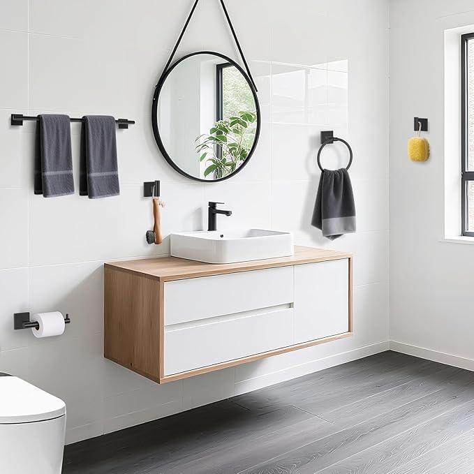 TURS Matte Black 5-Pieces Bathroom Hardware Set SUS304 Stainless Steel Towel Bar Set Wall Mounted 23.6 Inch Towel Racks for Bathroom Square Towel Holder Set - ModernBath
