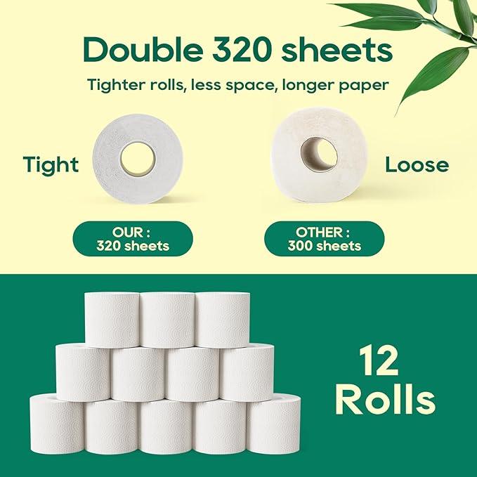 ECOLipak Bamboo Toilet Paper 3 Ply, Septic Safe Toilet Tissue, 12 Double Rolls, 320 Sheets Per Roll, Tree Free, Non Toxic, Soft and Absorbent, Eco Friendly Dye-Free Paper, White - ModernBath