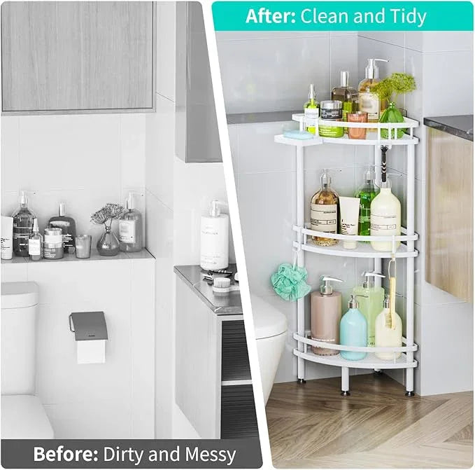 HapiRm Standing Corner Shower Caddy - 3 Tier Shower Organizer Corner with Soap Holder and 4 Hooks, Rustproof Bathroom Storage Shelves with Adhesives, White - ModernBath