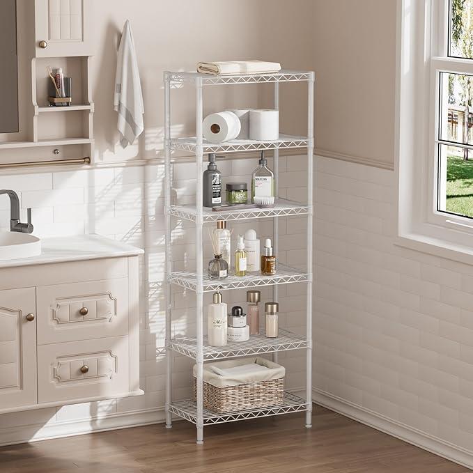 SINGAYE 6 Tier Shelf Adjustable Storage Wire Shelving Unit Metal Shelves Standing Closet Bathroom Organizers Pantry Kitchen Garage Laundry Room Organization Home Rack 12" D X 22" W X 69.5" H White - ModernBath