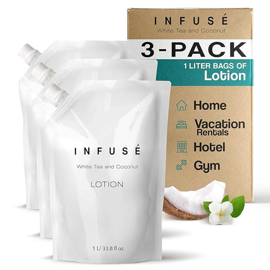 INFUSÉ 1 Liter Lotion Refill Bag For Soap Dispensers | Bulk Toiletries for Vacation Rentals, and Home Bathroom Showers | White Tea and Coconut | Set of 3
