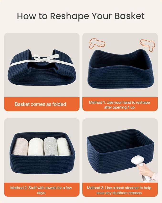 Small Woven Basket, 13.5 x 9.5 x 5 Inches, Storage Basket for Organizing, Cute Small Rope Shelf Closet Cube Storage Bins Baskets for Shelves, Dog Toy Gift Baskets Empty, 3 Packs, Navy Blue - ModernBath