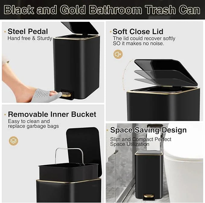 XLHOMO Black Bathroom Accessories 8 Piece Black and Gold Bathroom Set, Bathroom Accessories with Stainless Steel Bathroom Trash Can,Toilet Brush,Toothbrush Set,Soap Dispenser - ModernBath