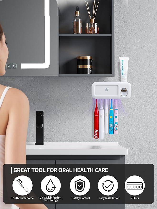 Toothbrush Holder Wall Mounted Timerable Toothbrush Holders with Automatic Toothpaste Dispenser 1200mAh Toothbrush Holders for Bathrooms, Solar Charging, 5 Toothbrush Slots - ModernBath