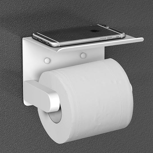 VAEHOLD Self Adhesive Toilet Paper Holder with Phone Shelf Stainless Steel Wall Mounted Toilet Paper Roll Holder - Bathroom Washroom Tissue Roll Holder with Storage Shelf - White