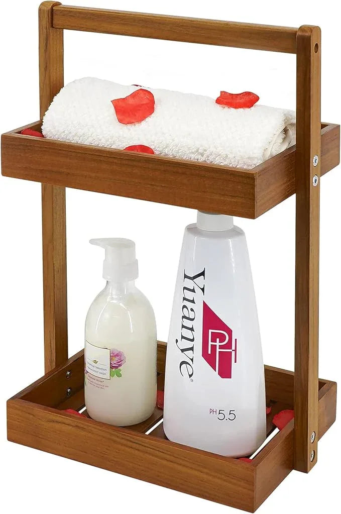 Utoplike Teak Wood Shower Caddy Corner, 2 Tier Bathroom Organizer Countertop, Standing Shower Rack with Handle, Stand Up Shower Basket for Shampoo, Shelf Rack for Inside Shower, Kitchen Desktop - ModernBath