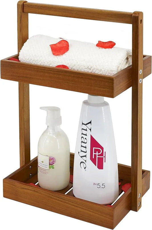 Utoplike Teak Wood Shower Caddy Corner, 2 Tier Bathroom Organizer Countertop, Standing Shower Rack with Handle, Stand Up Shower Basket for Shampoo, Shelf Rack for Inside Shower, Kitchen Desktop - ModernBath