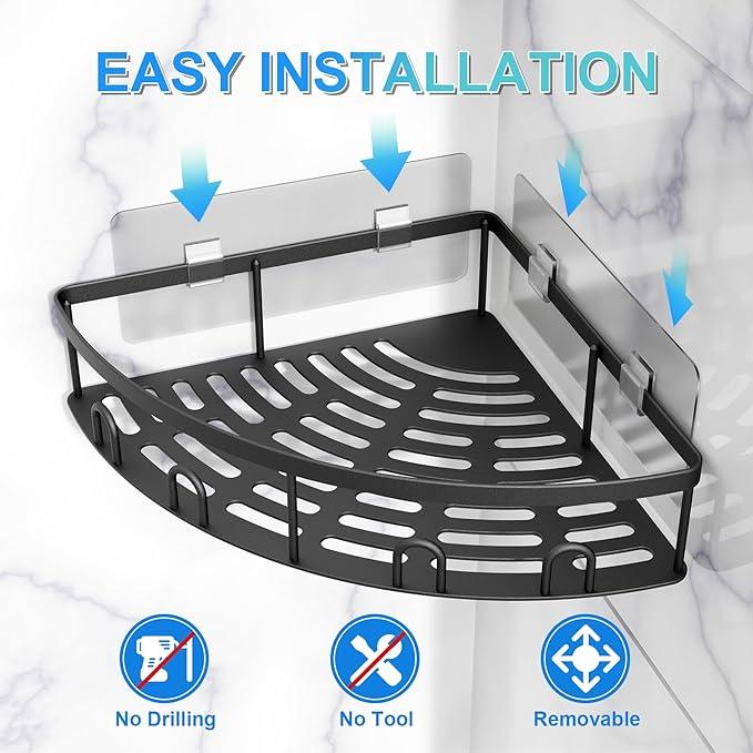 Corner Shower Caddy, 2 Pack Adhesive Bathroom Shower Corner Organizer Shelf, No Drilling Rustproof Wall Mounted Shower Storage Rack Shampoo Holder Organizer (Black) - ModernBath