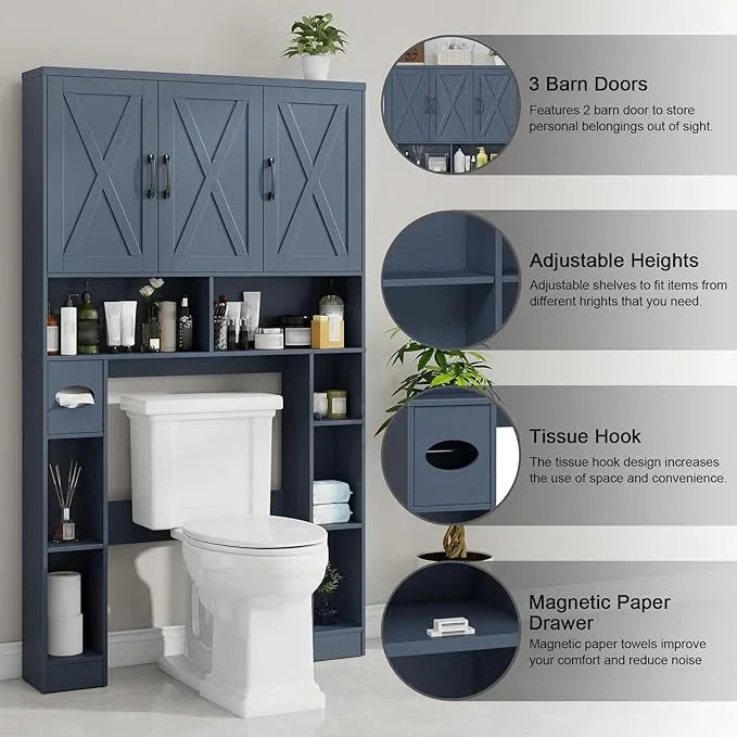 Over The Toilet Storage Cabinet, Farmhouse Toilet Cabinet Rack with 3 Barn Doors, Space Saving Bathroom Organizer with Shelves, Toilet Paper Holder and Towel Rack for Bathroom,Restroom,Laundry,Blue - ModernBath