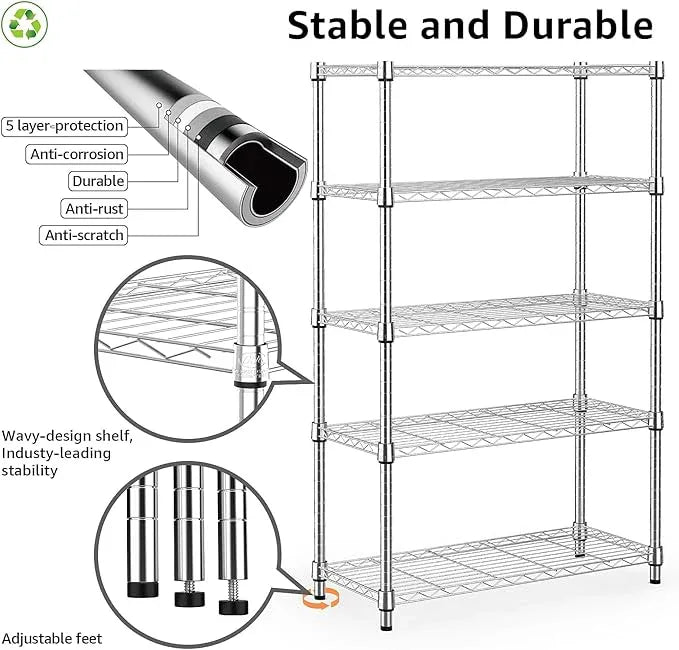 1250 lbs Steel Heavy Duty 5-Tier Utility Shelving Unit Steel Organizer Wire Rack for Home,Kitchen,Office,Chrome (13.7" D x 23.6" W x 62.4" H) - ModernBath