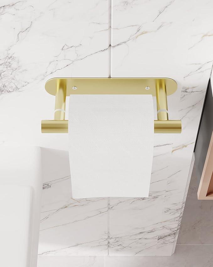 RUACQ Toilet Paper Holder, Self-Adhesive or Wall Mount, SUS304 Stainless Steel Rustproof Stick on Toilet Paper Roll Holder, No Drilling Bathroom Tissue Holder, Modern Pivoting Design (Brushed Gold) - ModernBath