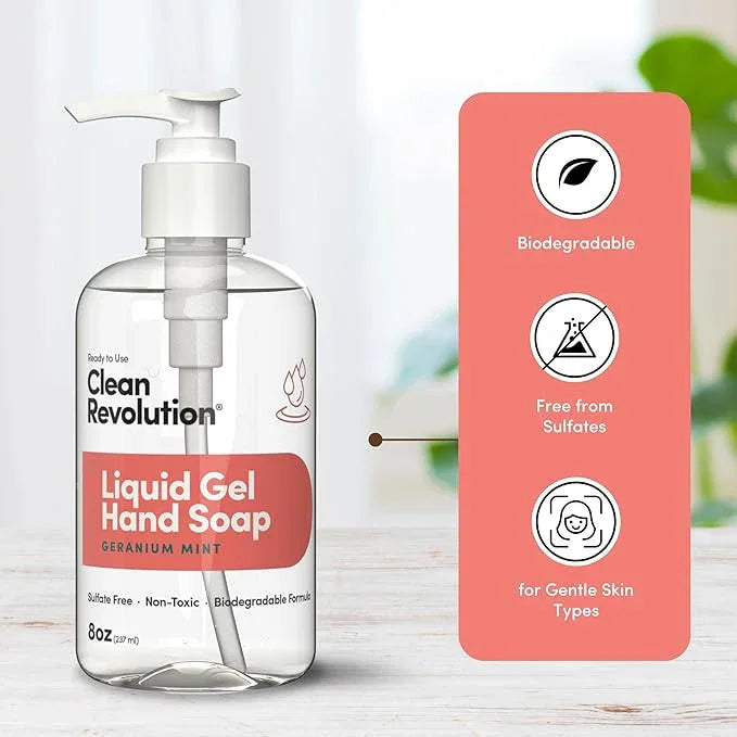 Clean Revolution Liquid Gel Hand Soap, Silky Rich Liquid, Quick Lather, Fast Rinsing, Contains Real Essential Oils (Geranium Mint) 8 Fl Oz - ModernBath