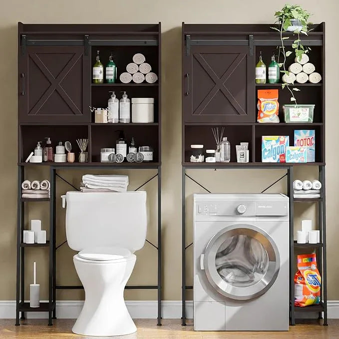 Over The Toilet Storage Cabinet, Farmhouse Storage Cabinet Over Toilet with Sliding Door & Toilet Paper Holder Stand，Home Space-Saving Toilet Rack, for Bathroom, Restroom, Laundry.Espresso - ModernBath