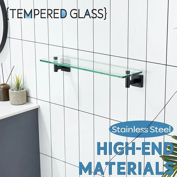 KOKOSIRI Bathroom Shelves Glass Floating Shelf 20-Inch for Bedroom, Living Room, Kitchen, Storage Hanging Rack Rustproof Wall Mounted Black B1105BK-L20 - ModernBath