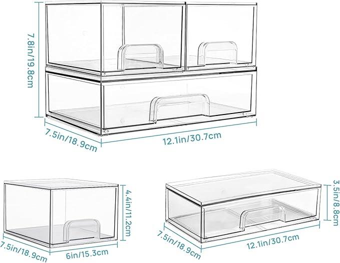 Vtopmart Stackable Storage Drawers Set of 3,Clear Plastic Organizer Bins for Makeup, Cosmetics, Beauty Supplies,Ideal for Vanity, Bathroom,Cabinet,Pantry Organization - ModernBath