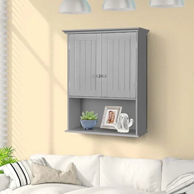 COSTWAY Wall Mounted Bathroom Cabinet, Over The Toilet Storage Cabinet w/Double Doors & Adjustable Shelf, Wood Hanging Medicine Cabinet for Living Room, Entryway, Kitchen (Gray) - ModernBath