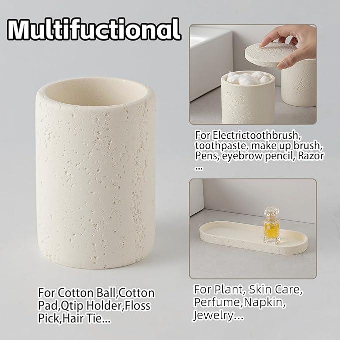 WUUAHOME Bathroom Accessories Set, Travertine Stone-Look, 6 PCS Bathroom Accessory Set with Soap Dispenser, Toothbrush Holder, Tumbler, Vanity Tray, Cotton Swab Jars for Countertop (Off White 6 PCS) - ModernBath