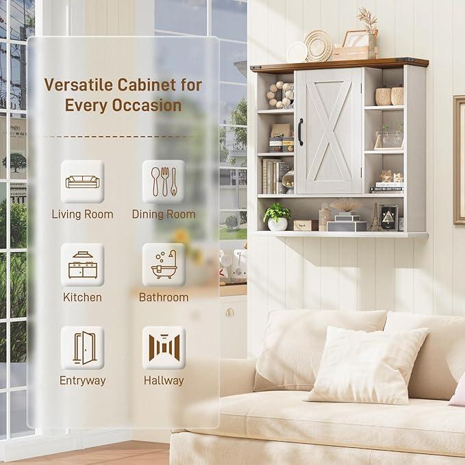 Bathroom Wall Cabinet, Farmhouse Medicine Cabinet with Adjustable Shelves and Barn Doors, Large Wall Mounted Over the Toilet Storage Cabinet for Bathroom, Laundry Room, Kitchen, Rustic White and Brown - ModernBath