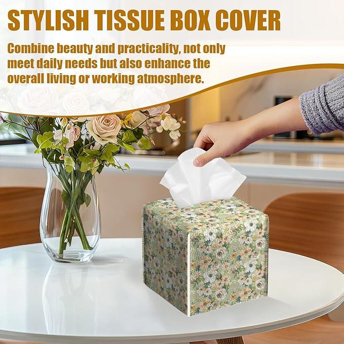 Watercolor Flower Tissue Box Cover 2PCS, Leather Tissue Box Holder Square Facial Paper Case Tissue Box Cube Organizer for Bathroom Bedroom Desk Office - ModernBath