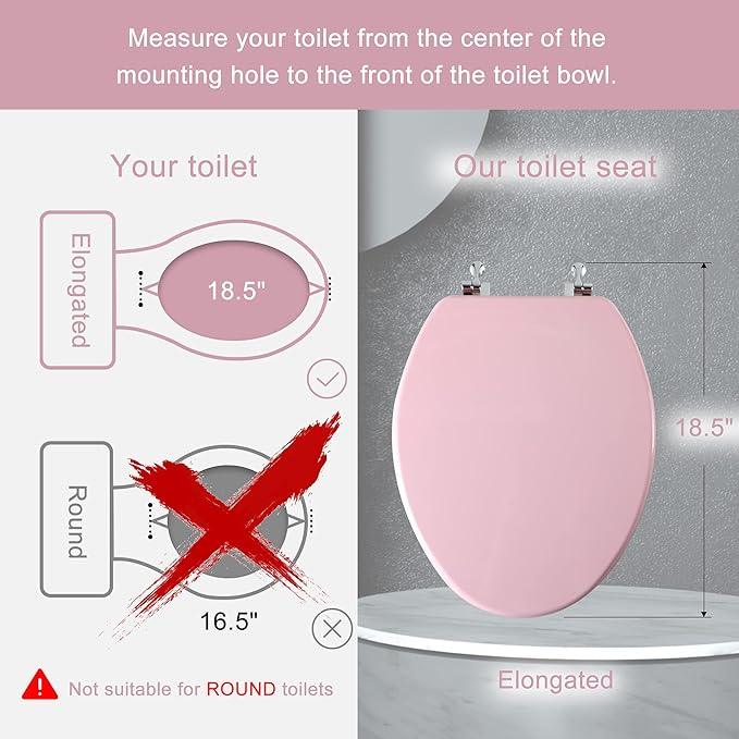 Pink Elongated Toilet Seat Natural Wood Toilet Seat with Zinc Alloy Hinges, Easy to Install also Easy to Clean, Scratch Resistant Toilet Seat by Angol Shiold (Elongated, Pink) - ModernBath