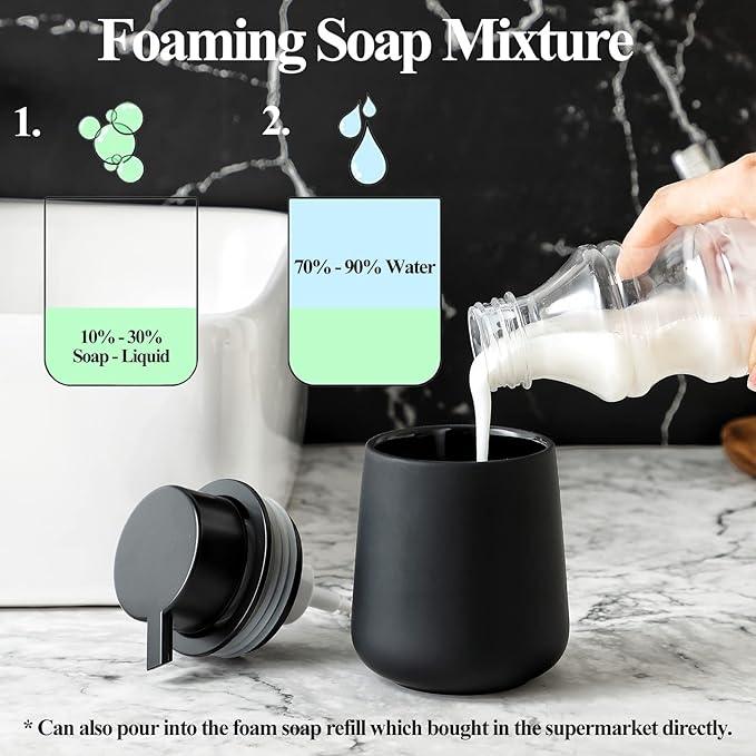 Black Bathroom Accessories Set 3 pcs - Ceramic Foaming Bathroom Soap Dispenser Set Farmhouse Black Bathroom Decor, Foam Soap Dispenser and Toothbrush Holder/Tumbler Cup, Tray - ModernBath