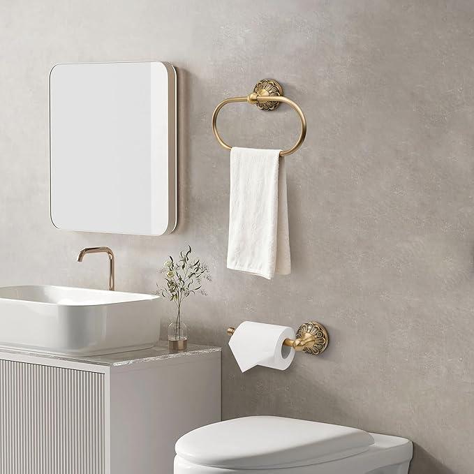 Antique Brass Toilet Paper Holder Towel Ring, Brass Towel Holder Toilet Paper Roll Holder, Rustic Vintage Oval Towel Rack Bathroom Accessories Set Hardware 2 Pieces Farmhouse Wall Mounted - ModernBath