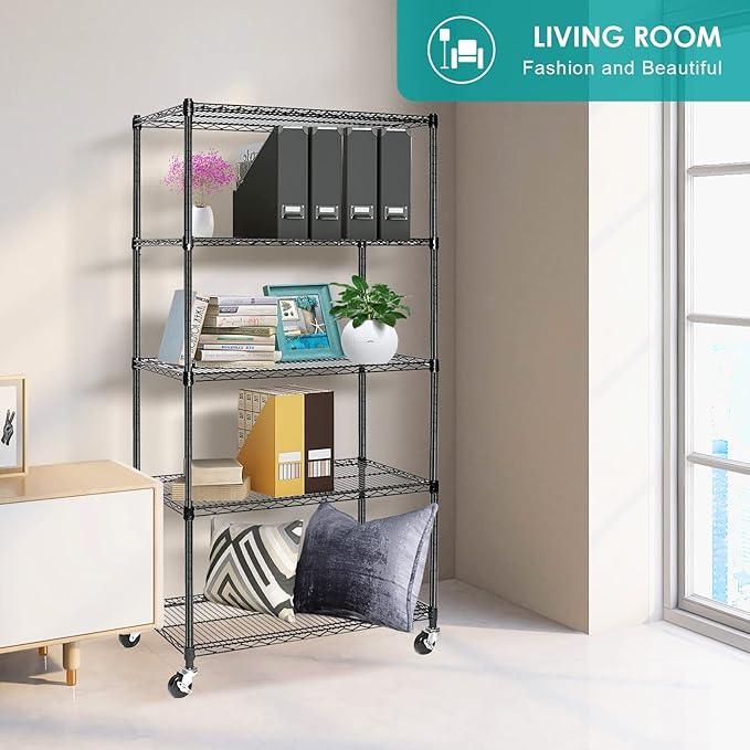 BNSPLY 5 Tier Wire Shelving Unit, Adjustable Metal Storage Rack, Mobile Wire Shelves for Kitchen, Laundry, Bathroom, Pantry, Closet Organization (17.7" D x 35.5" W x 71" H, Black) - ModernBath